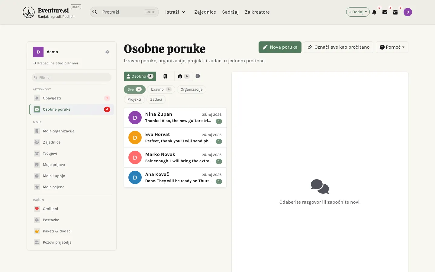 Moje poruke: razgovori grupirani po osobi i organizaciji.