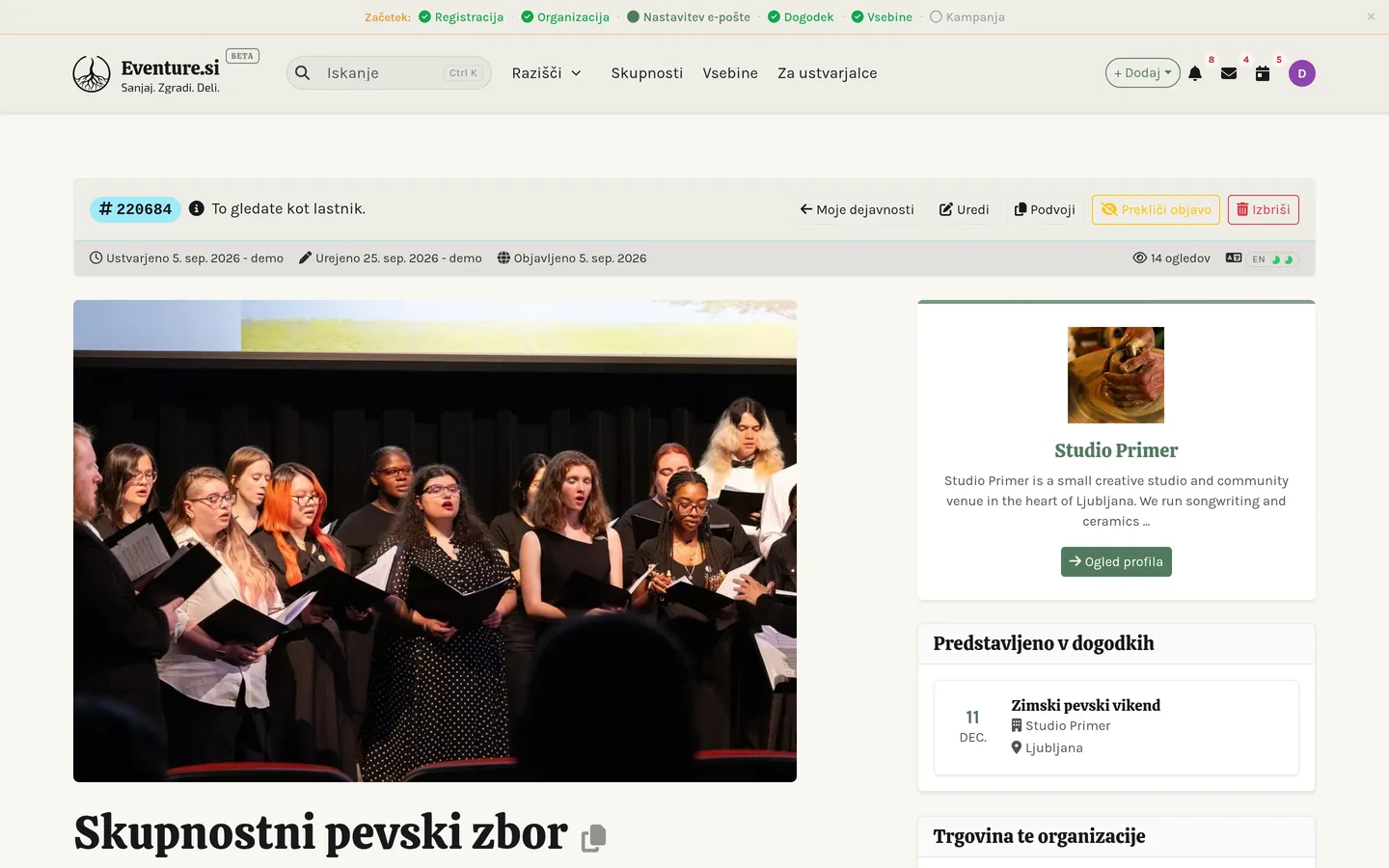 Moje aktivnosti: aktivnost s povezanimi dogodki.