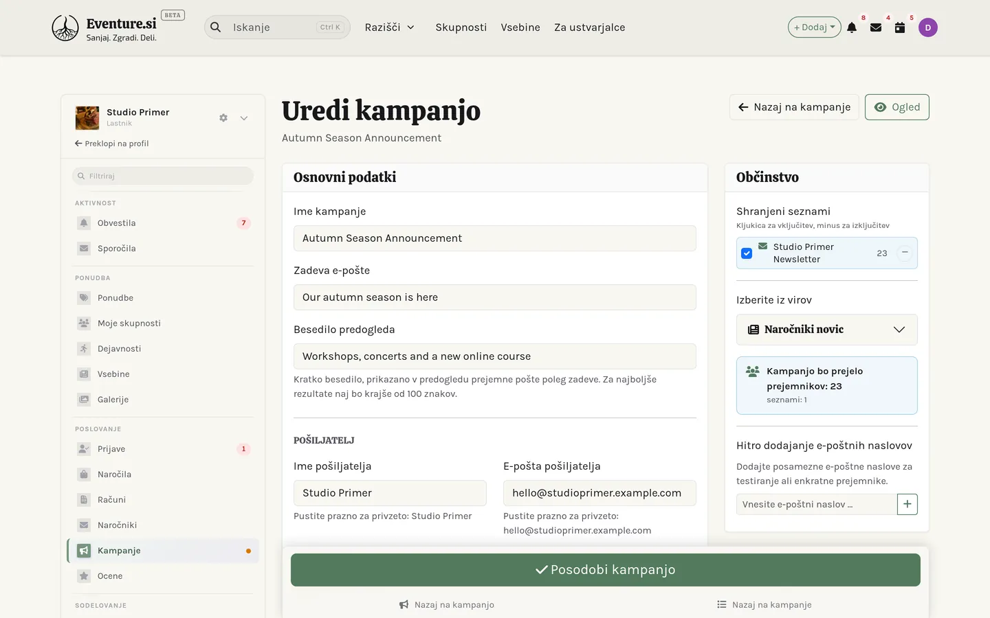 Urejevalnik kampanje s pripetim seznamom in pripravljenim testnim pošiljanjem.
