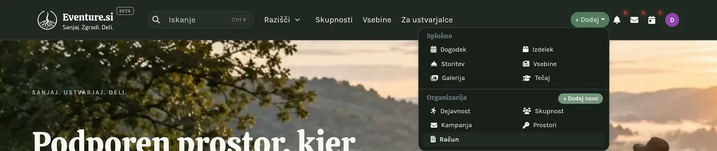 Odprt meni + Dodaj, ki prikazuje, kaj lahko trenutno ustvarite.