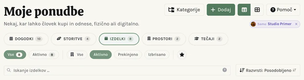 Podrobnejši pogled glave strani: naslov, dejanja, gumb Pomoč in zavihki filtrov.
