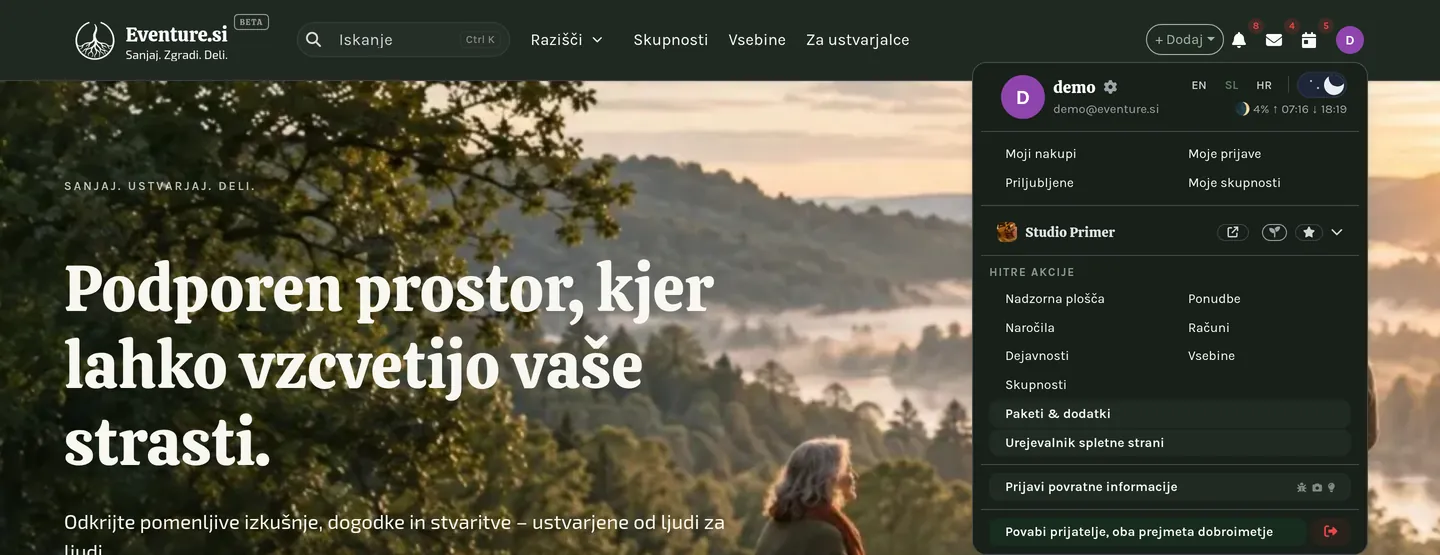 Meni z avatarjem: osebne postavke nad ločnico, vaša organizacija pod njo.