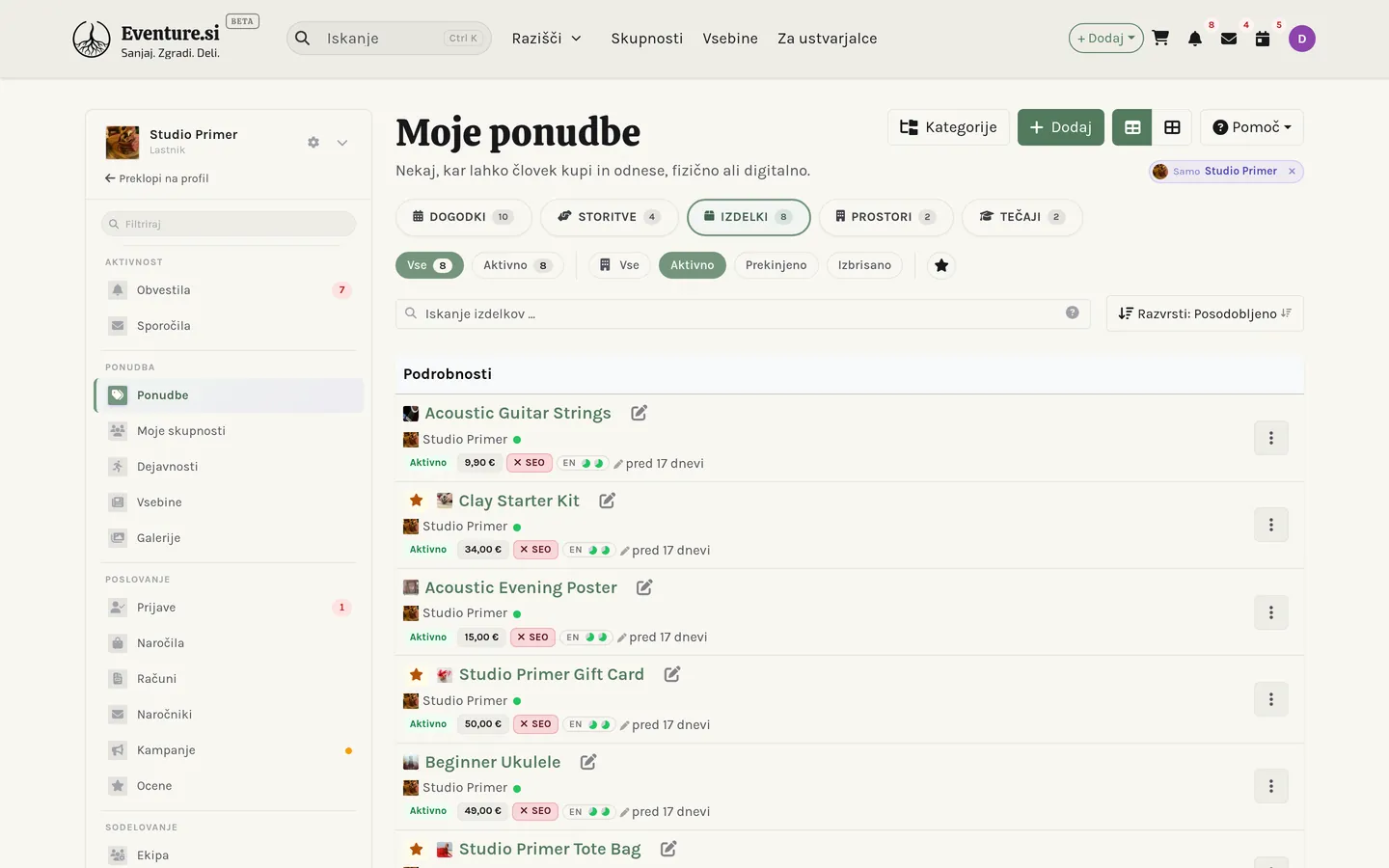 Prostor Moje ponudbe: zavihki Dogodki, Storitve, Izdelki, Prostori in Tečaji.