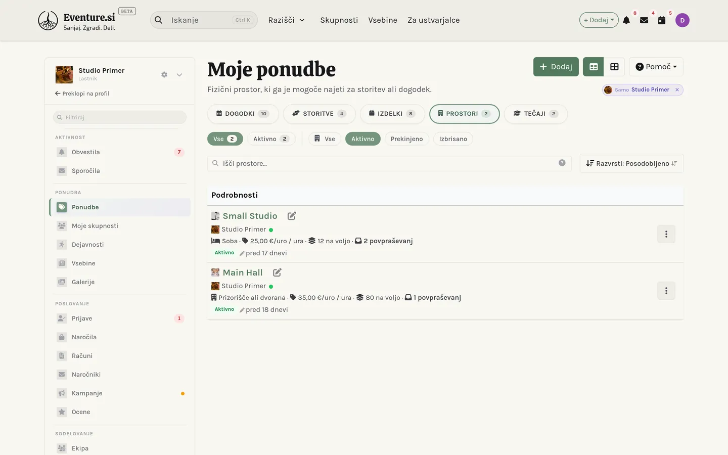 Moji prostori: seznam dvoran, studiev in opreme, ki jih oddajate.